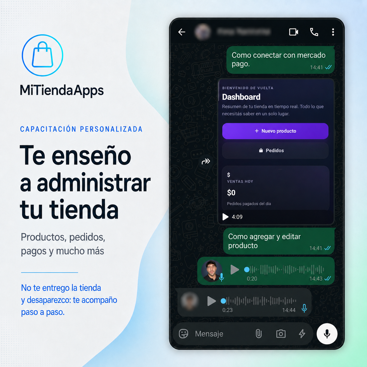 Captura real de WhatsApp con capacitación para administrar productos, pedidos y pagos
